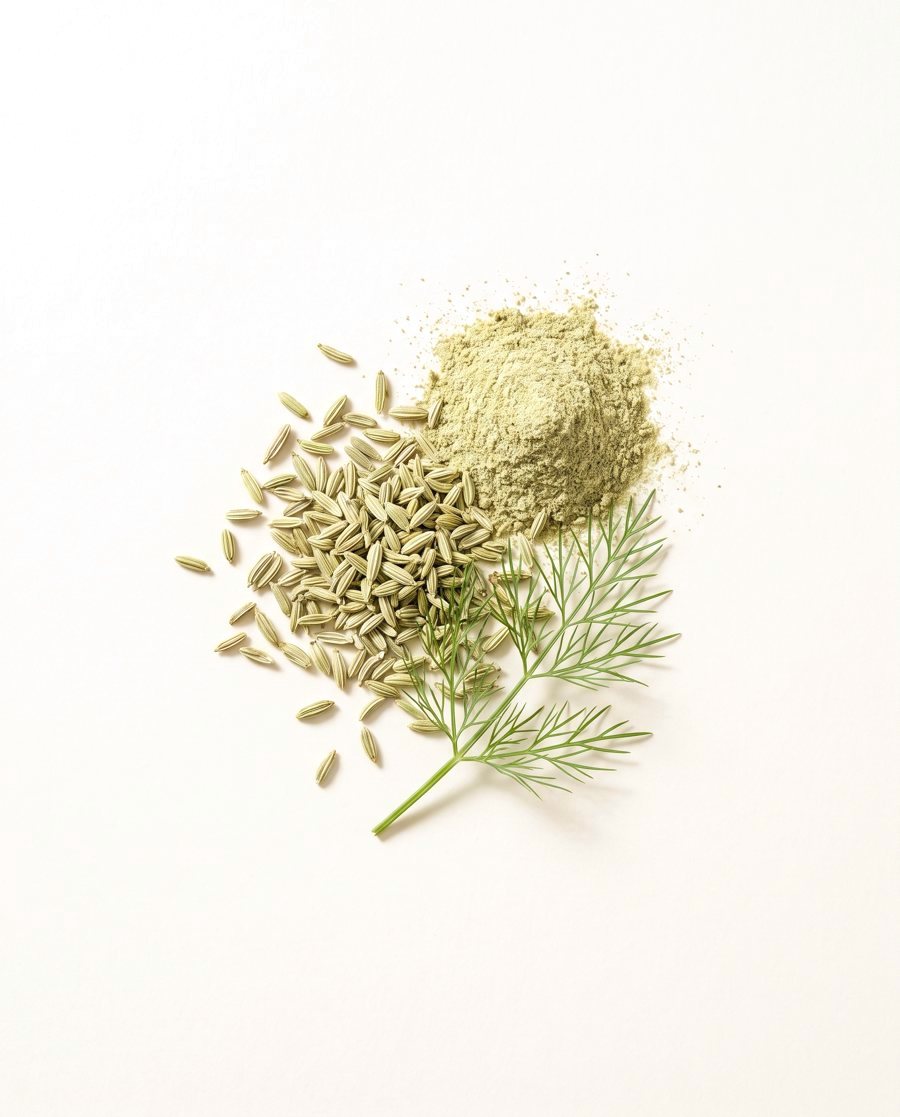Fennel seeds and frond with fennel powder