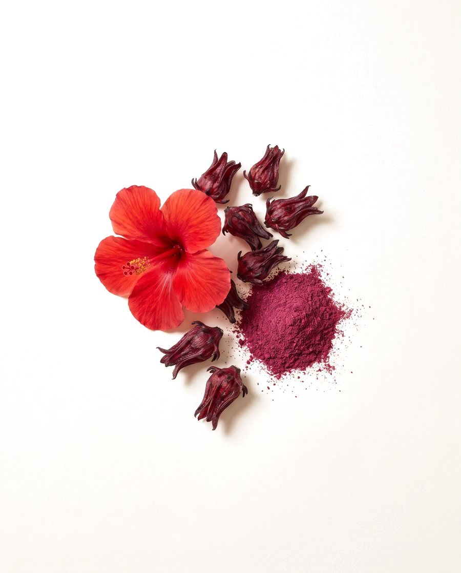 Hibiscus flower and dried calyxes with red powder